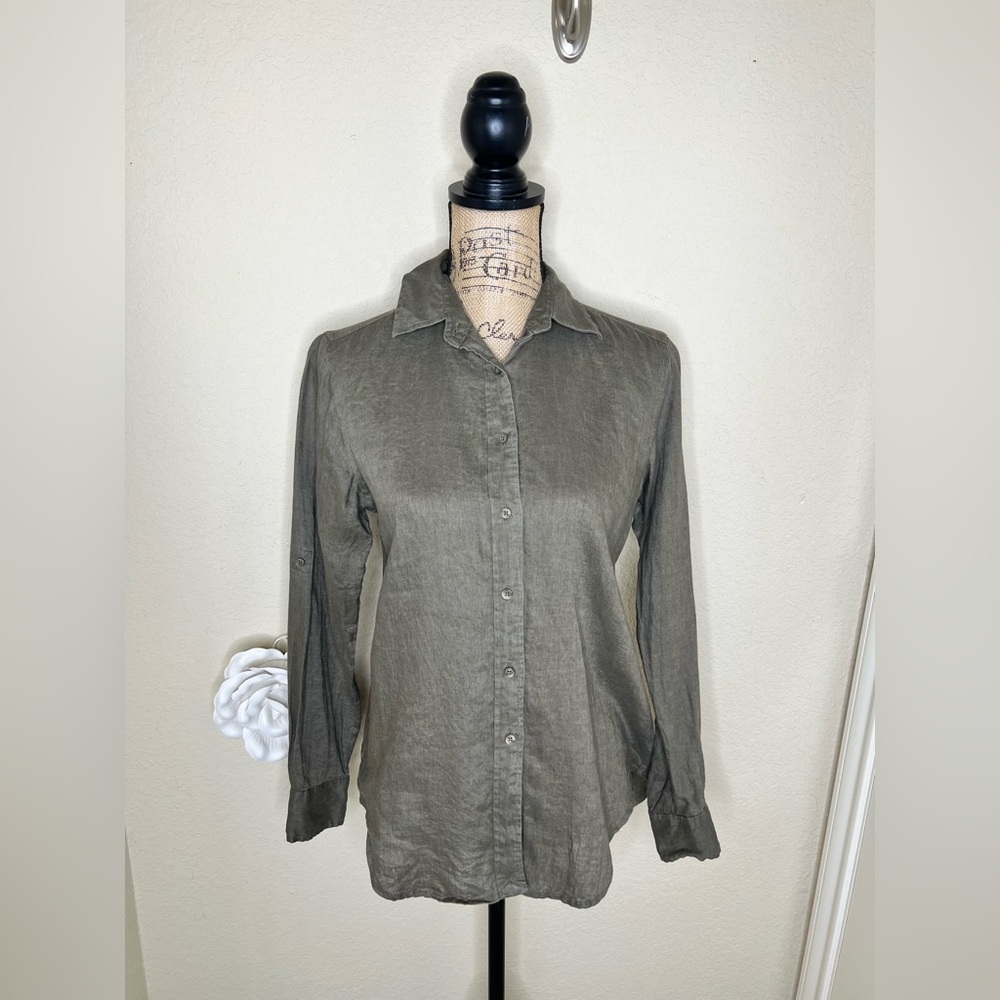 NTM: Lauren Ralph Lauren Olive 100% Linen Button Down Shirt Long Sleeve Size S